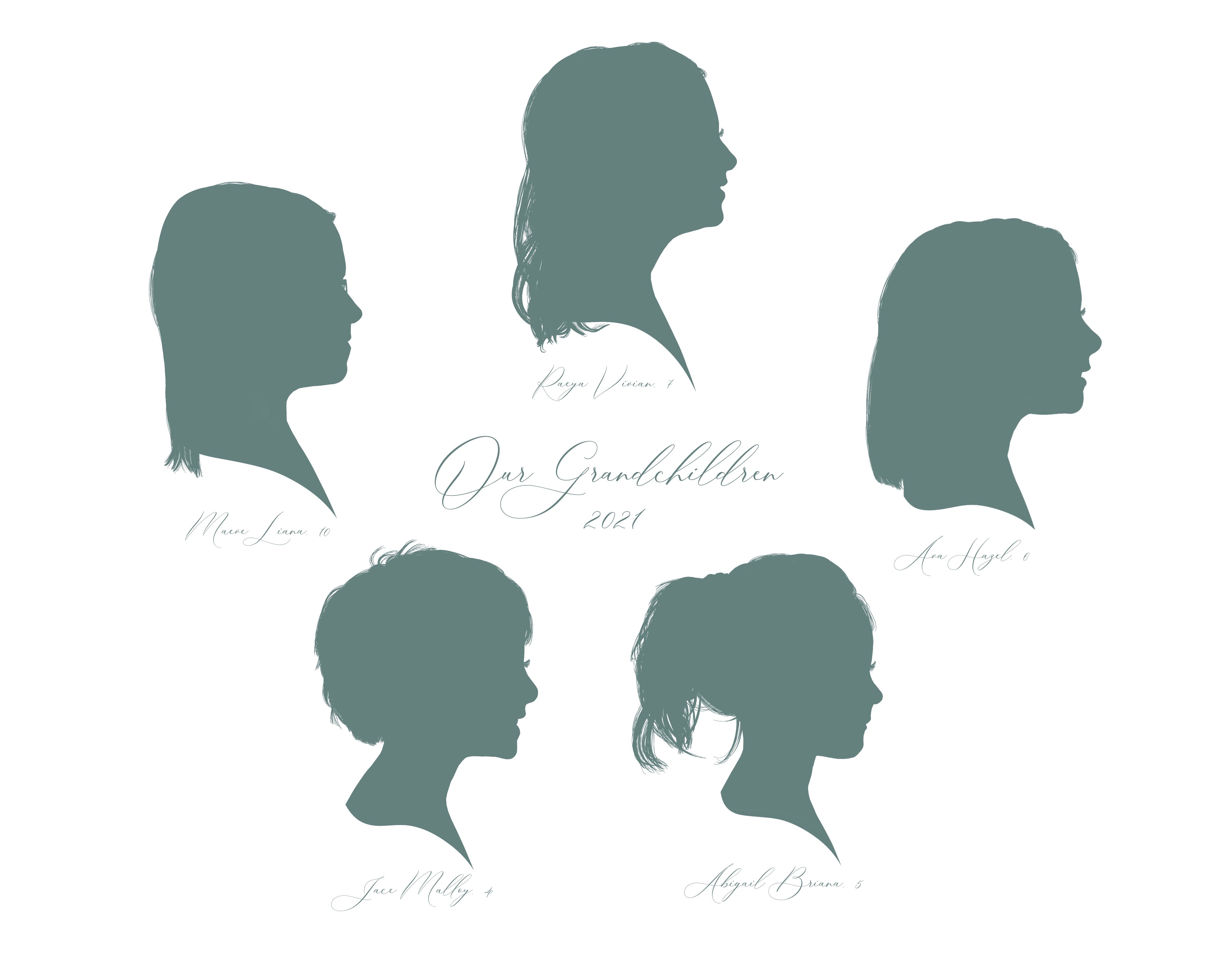Green silhouettes of grandchildren arranged in a circle 