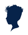 Navy blue silhouette drawing of a young boy with wild hair