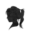 Girl with a long messy ponytail captured in a black watercolor style portrait