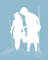 Silhouette drawing of white silhouettes against a Carolina blue background