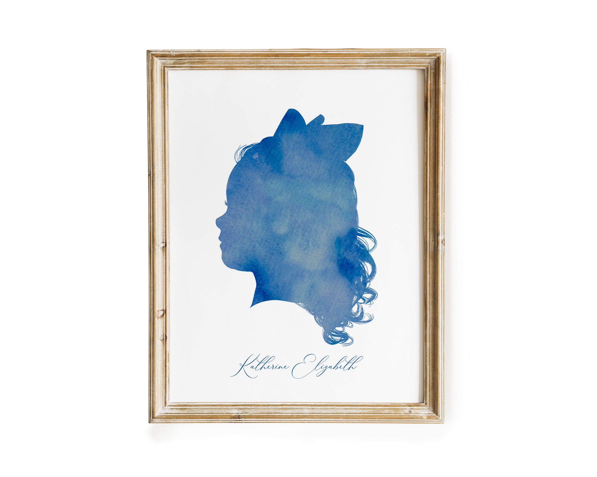 Watercolor silhouette portrait of a young girl with long curly hair